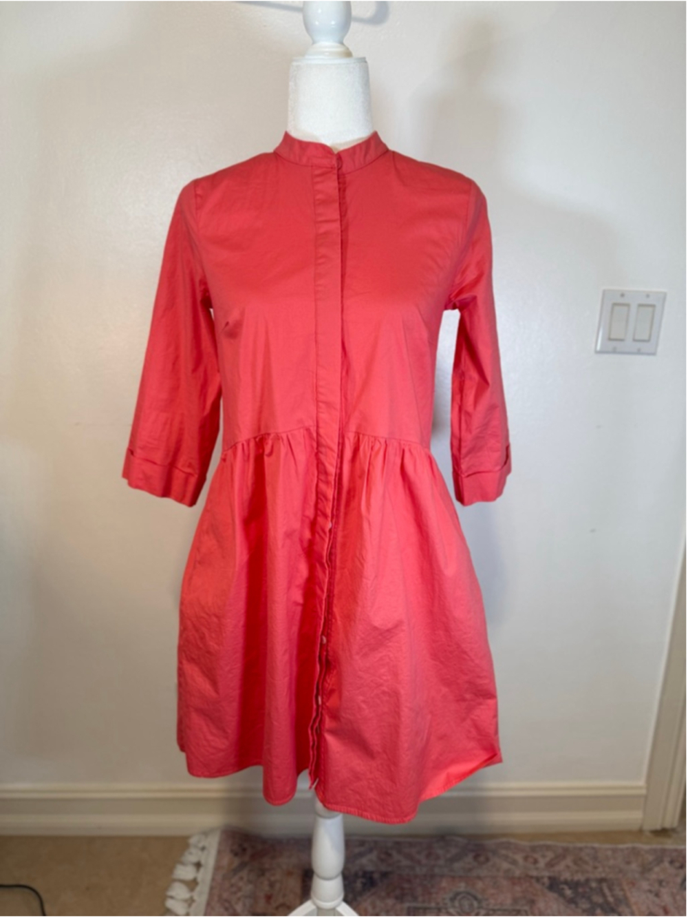 Tuckernuck Coral Mini Dress S fit and flare, 3/4 sleeves, button up